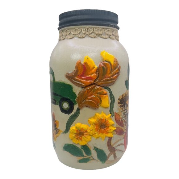 Handcrafted Floral Mason Jar with Truck Design and 3D Clay Farmhouse Artwork - Picture 2 of 13